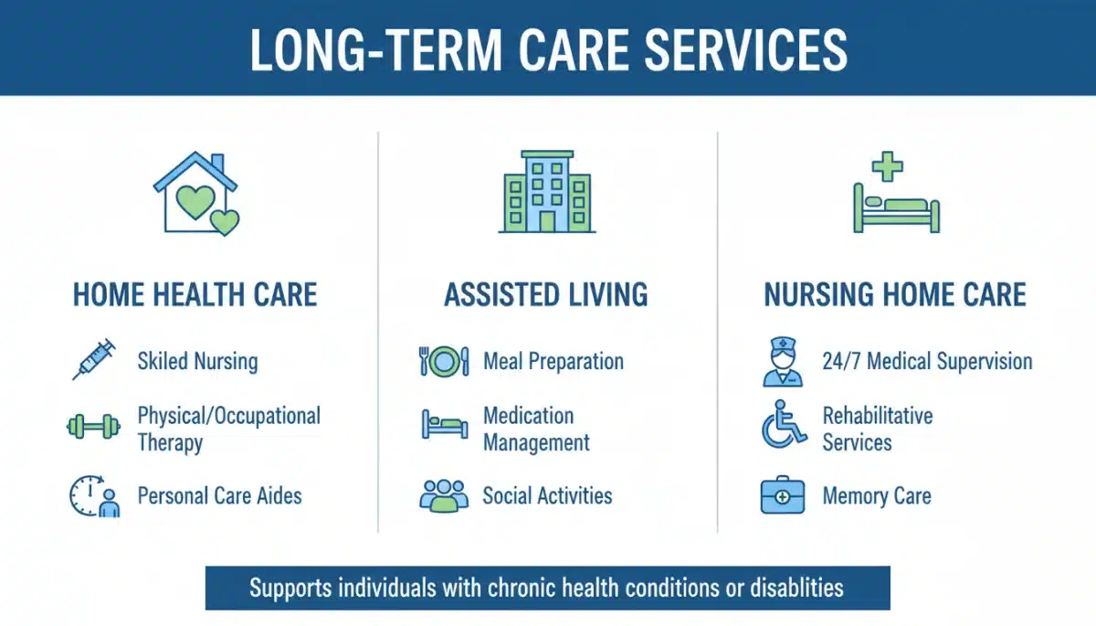 Infographic detailing various long-term care service options and settings