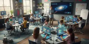 Students engaged in a modern classroom with interactive digital learning tools.