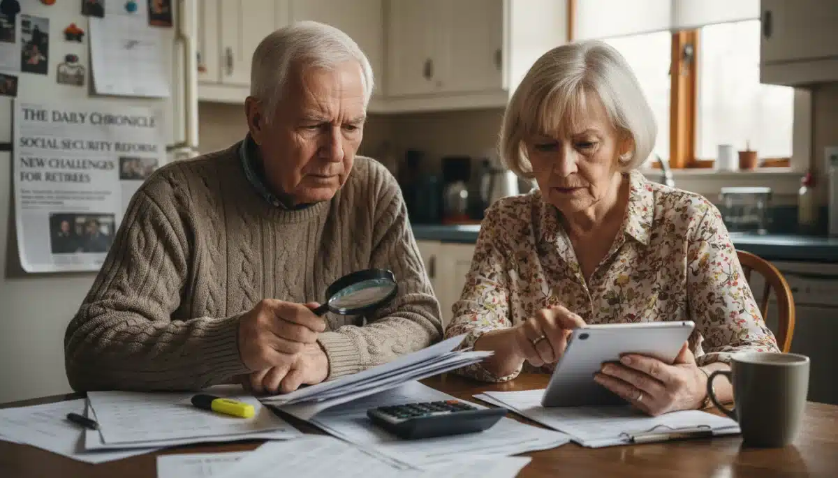 Concerned retirees reviewing financial documents