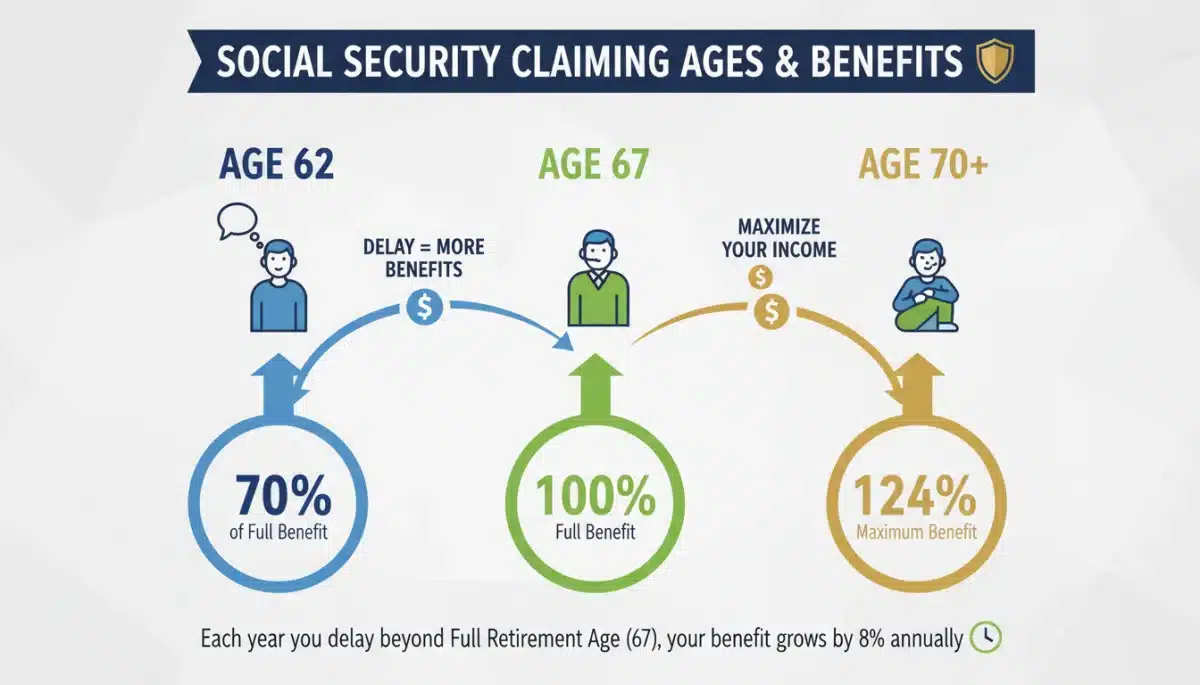 Infographic showing Social Security claiming ages and benefit impacts.