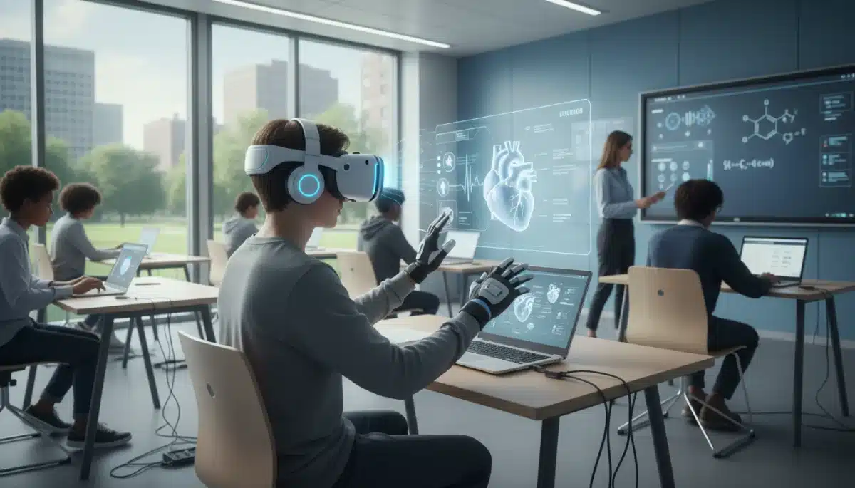 High school student using virtual reality for an immersive educational experience.