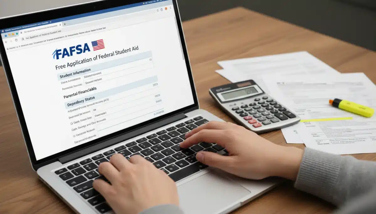 Hands typing financial information into online FAFSA form